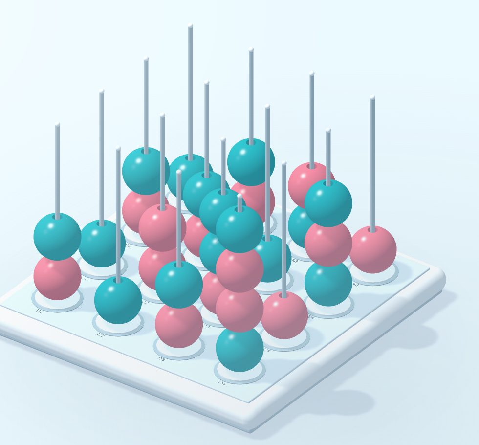 The fourfold board: sixteen pegs on a white tray, stacked with teal and coral beads